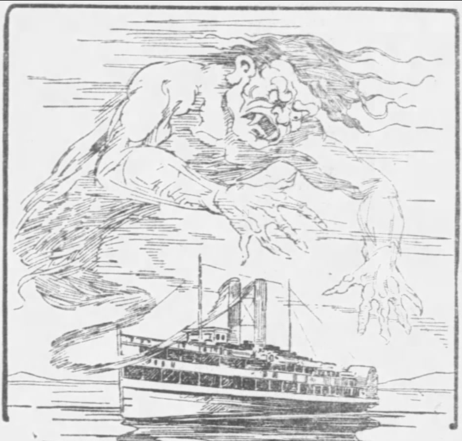 A black and white drawing of a monster and a ship