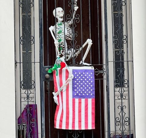 a Skelton on a door gate with an american flag