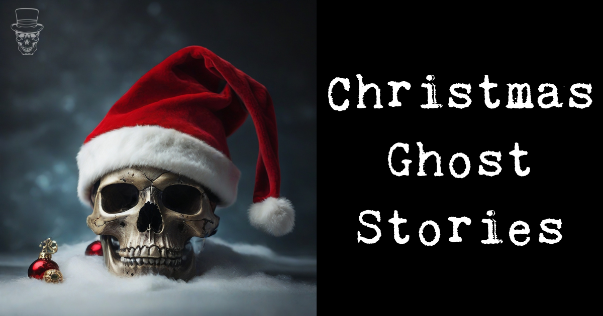 A skull wearing a santa hat next to the words christmas ghost stories