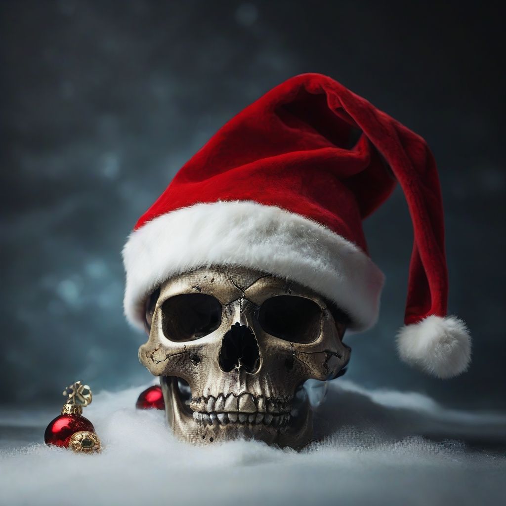 A skull wearing a santa hat is in the snow