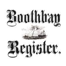 A black and white logo for boothbay register with a boat on it.