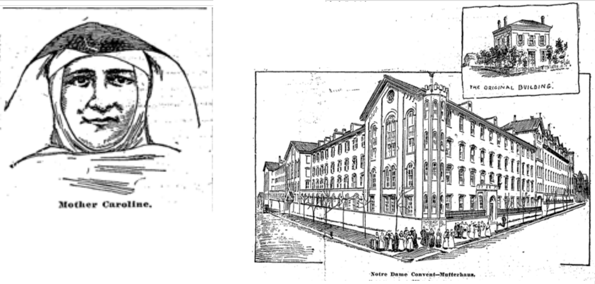 A black and white drawing of a nun and a building