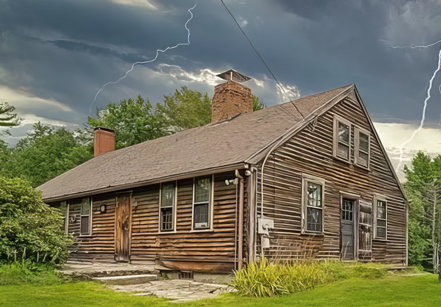 The Conjuring House's Exterior complete with lightning flashing across the sky to look extra haunted.