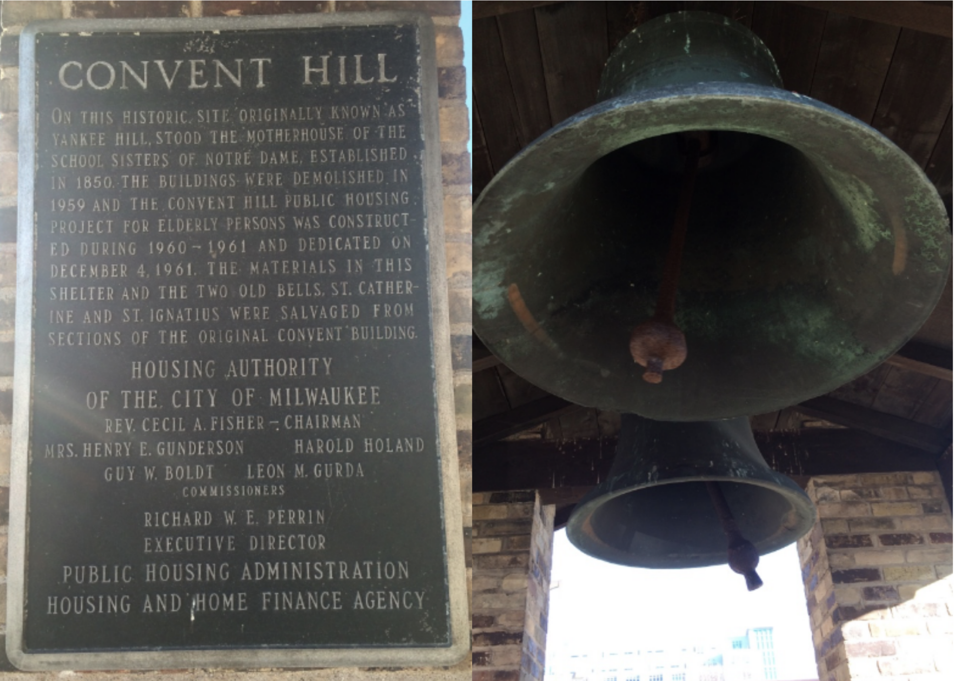 A bell is hanging from a sign that says convent hill