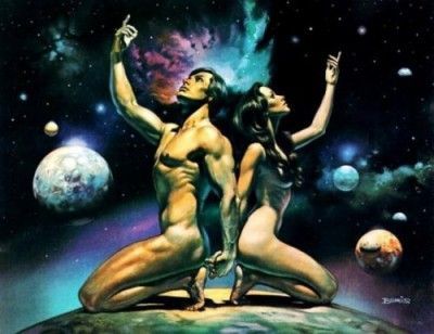 A man and a woman are kneeling on top of a planet looking up at the sky.