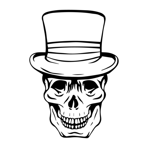 A black and white drawing of a skull wearing a top hat