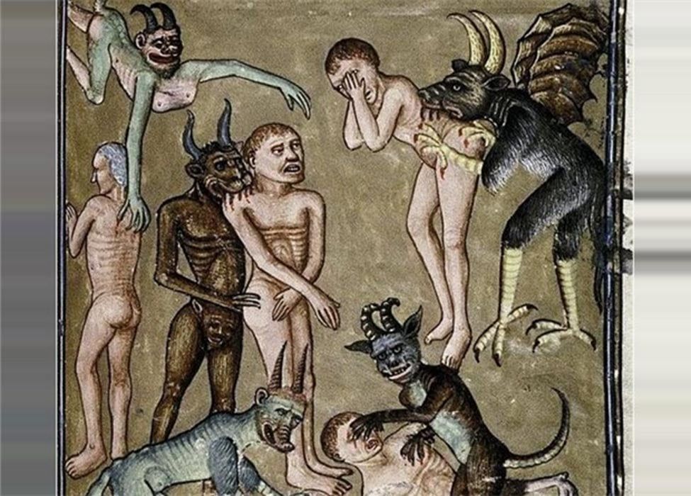 A painting of a group of people surrounded by demons