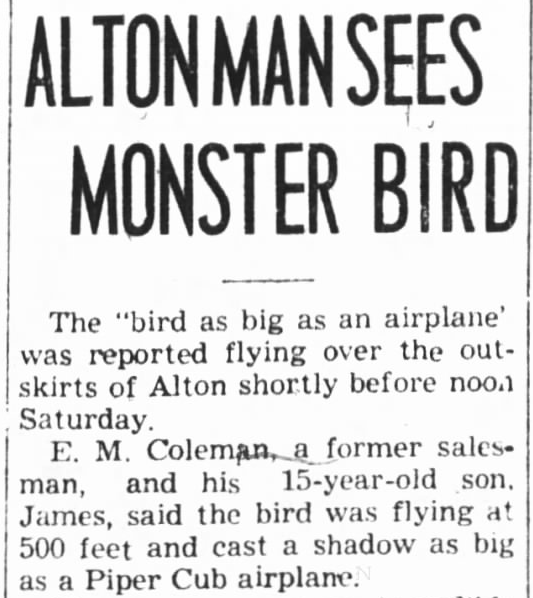 A newspaper article about alton man sees a monster bird