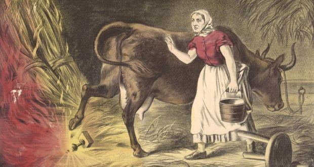 A woman is standing next to a cow in a painting.