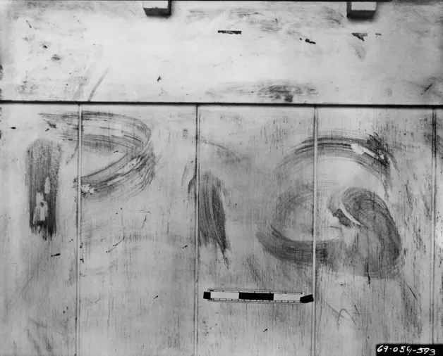 the word PIG written in blood on the front door of 10050 Cielo Drive