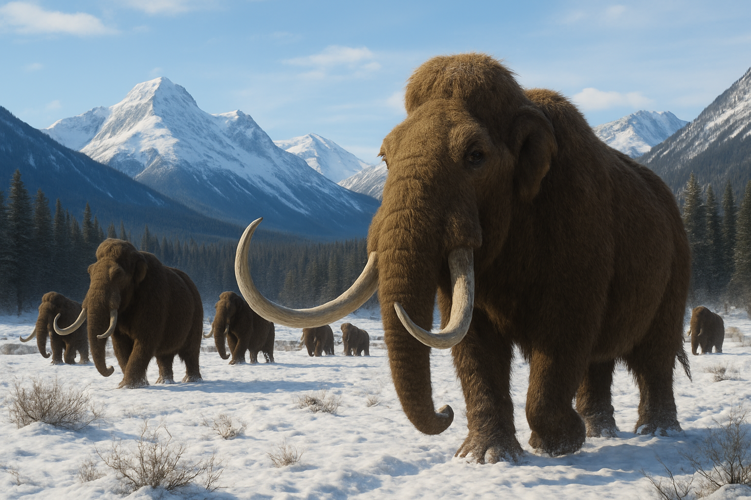 A herd of Woolly Mammoths roam