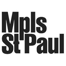 A black and white logo for mpls st paul on a white background.