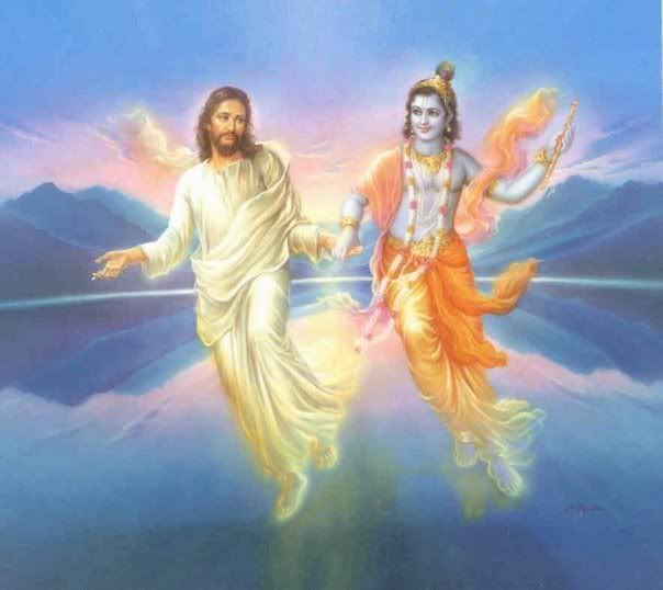 A painting of jesus and krishna holding hands