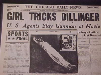 Chicago Daily News headline of John Dillinger's death