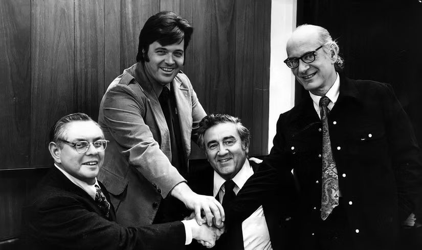 Joe Shuster and Jerry Siegel with comic book creator Neal Adams who fought for their rights as Superman's originators
