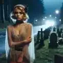 A woman in a dress is standing in a cemetery at night.