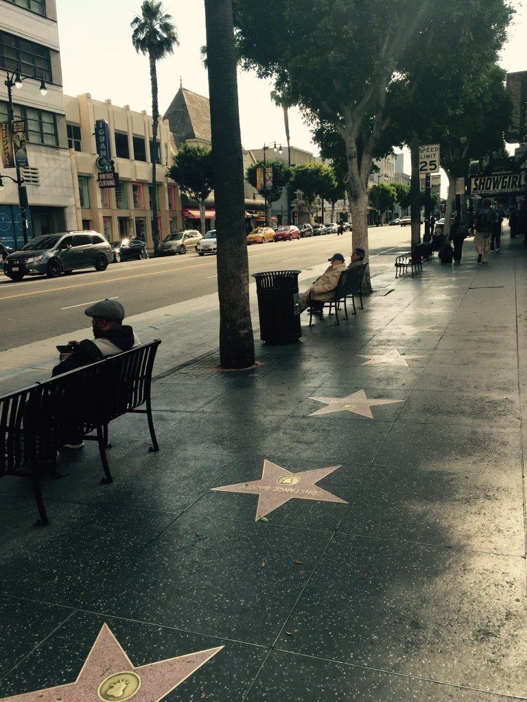 A man sits on a bench on the hollywood walk of fame