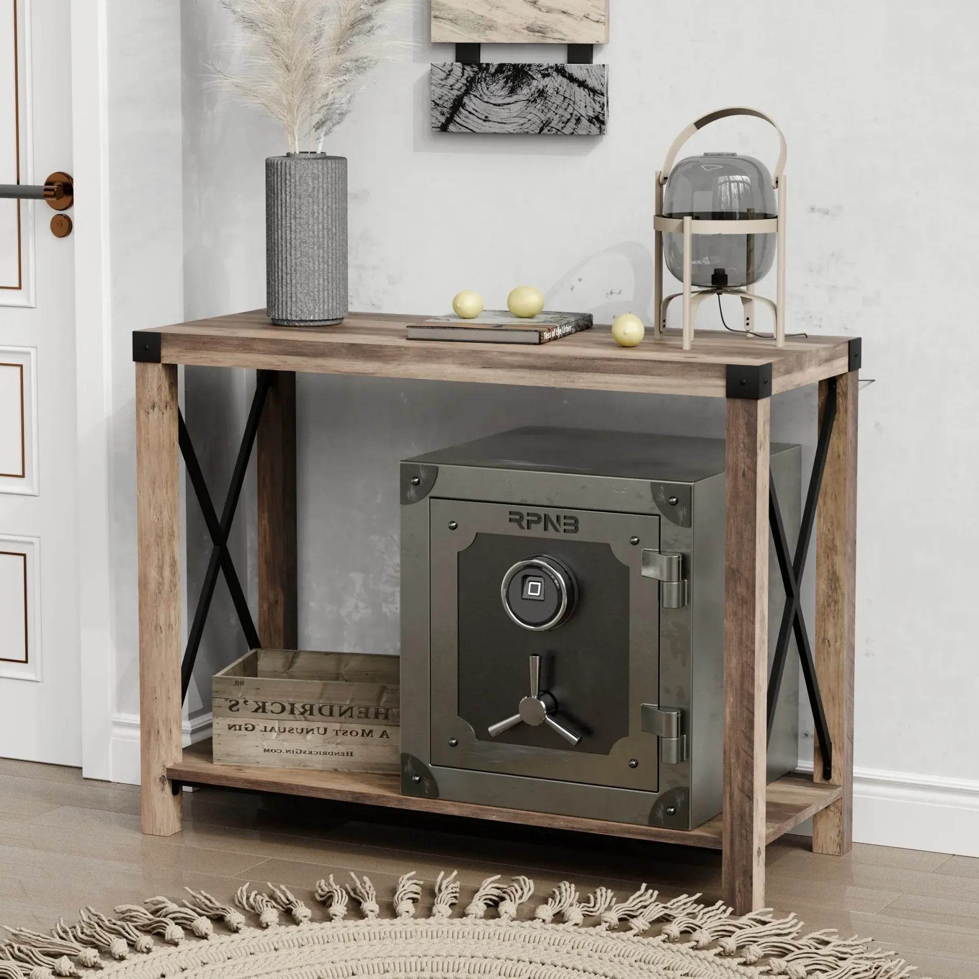 A wooden table with a safe on top of it.