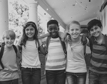 Une photo en noir et blanc vieillie et tâchée de cinq enfants souriants qui se prennent par l'épaule