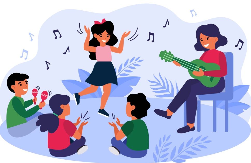 Une illustration en couleur présente des enfants faisant de la musique et dansant avec une adulte qui joue de la guitare
