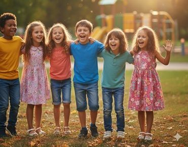 des enfants joyeux se tiennent par les épaules dans un parc de jeux en extérieur