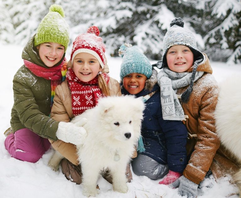 Des enfants dans la neige entourent un chiot blanc