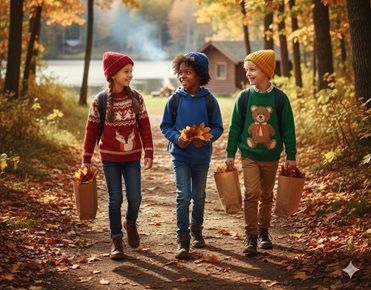 3 enfants heureux se promène dans la forêt à l'automne
