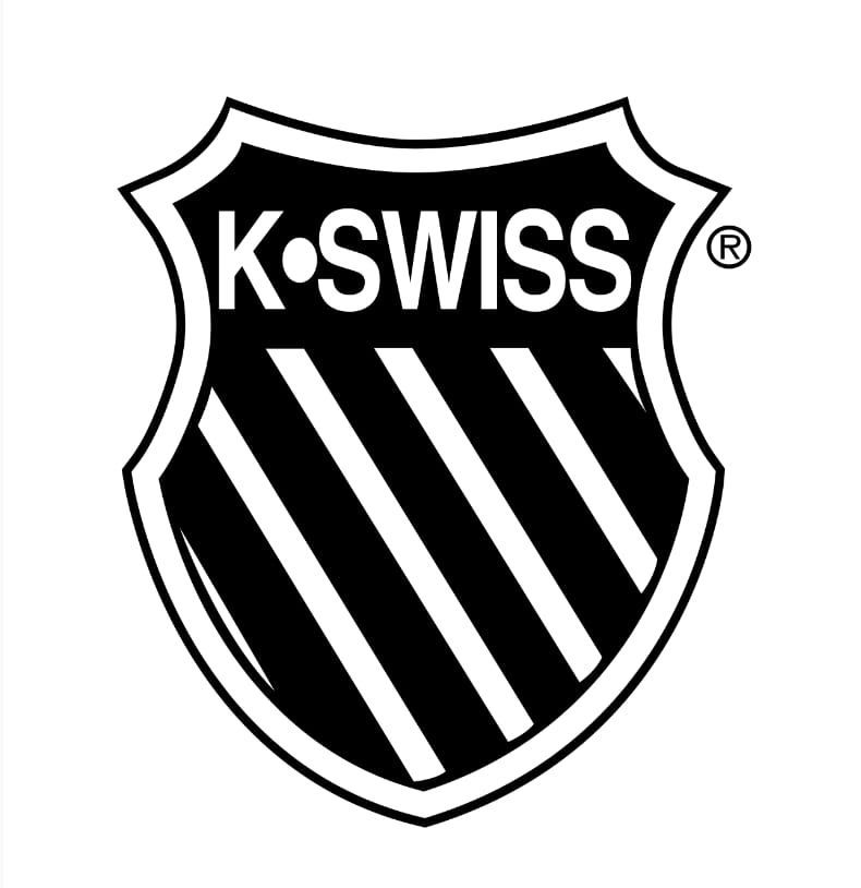Logo K-Swiss: scudo bianco e nero con strisce diagonali e scritta