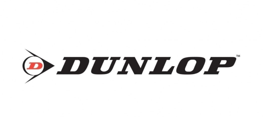 Logo Dunlop: testo e simbolo neri su sfondo bianco.