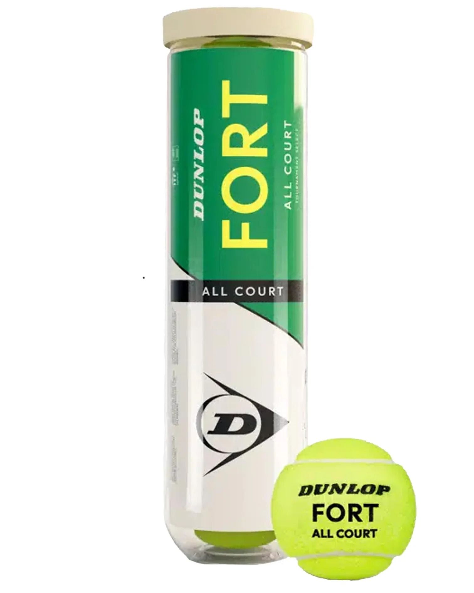 Tubo di palline da tennis Dunlop Fort All Court con una pallina libera davanti.