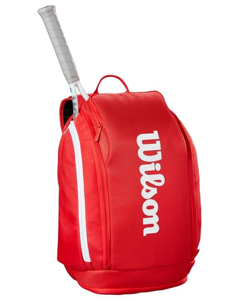 Zaino da tennis Wilson rosso con racchetta.