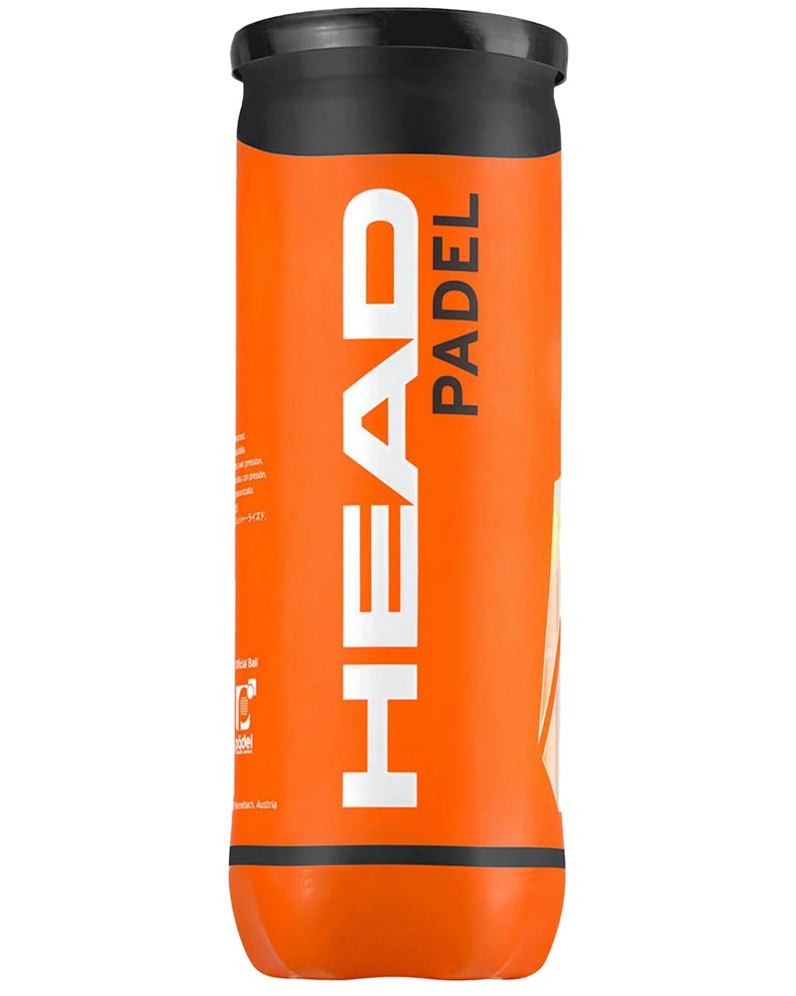 Tubo di palline da padel HEAD arancione con scritte bianche e coperchio nero.