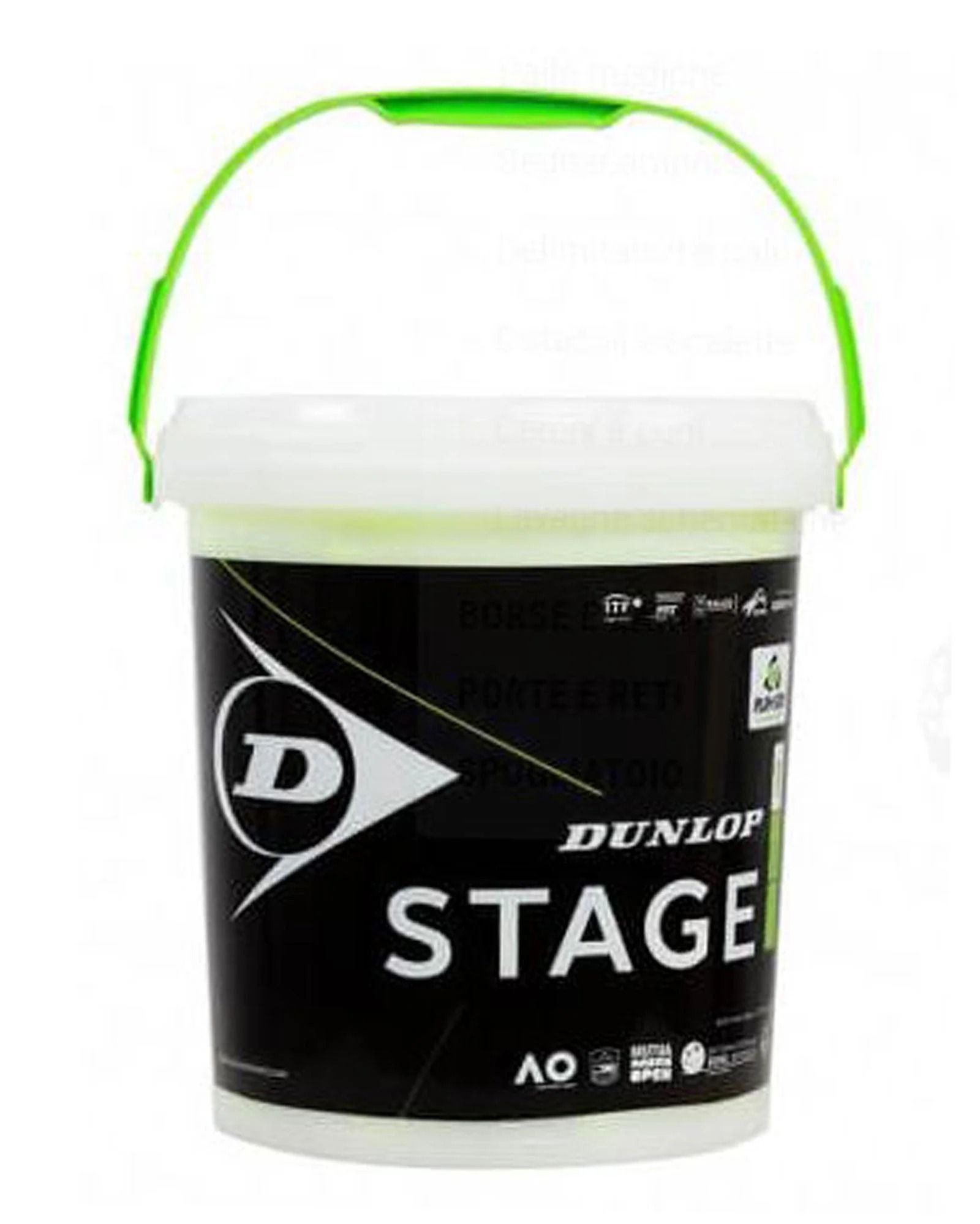 Un secchio nero per palline da tennis Dunlop Stage con manico e coperchio verdi, testo bianco e logo Dunlop.