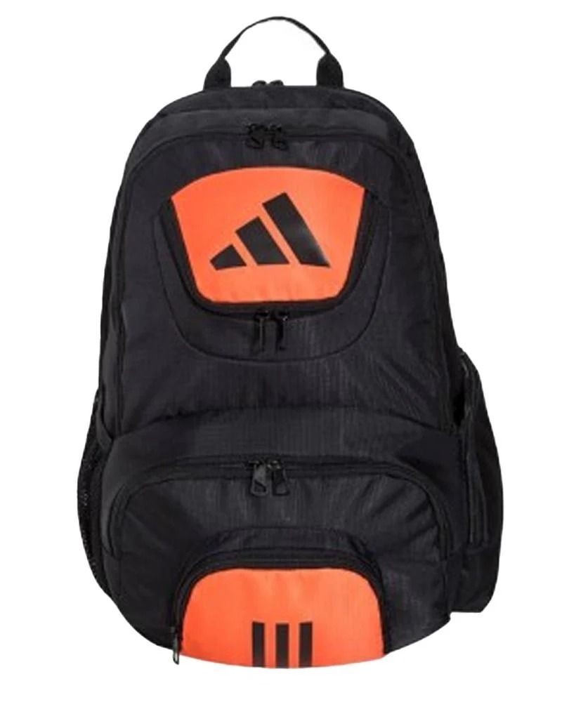 Zaino Adidas nero con dettagli arancioni.