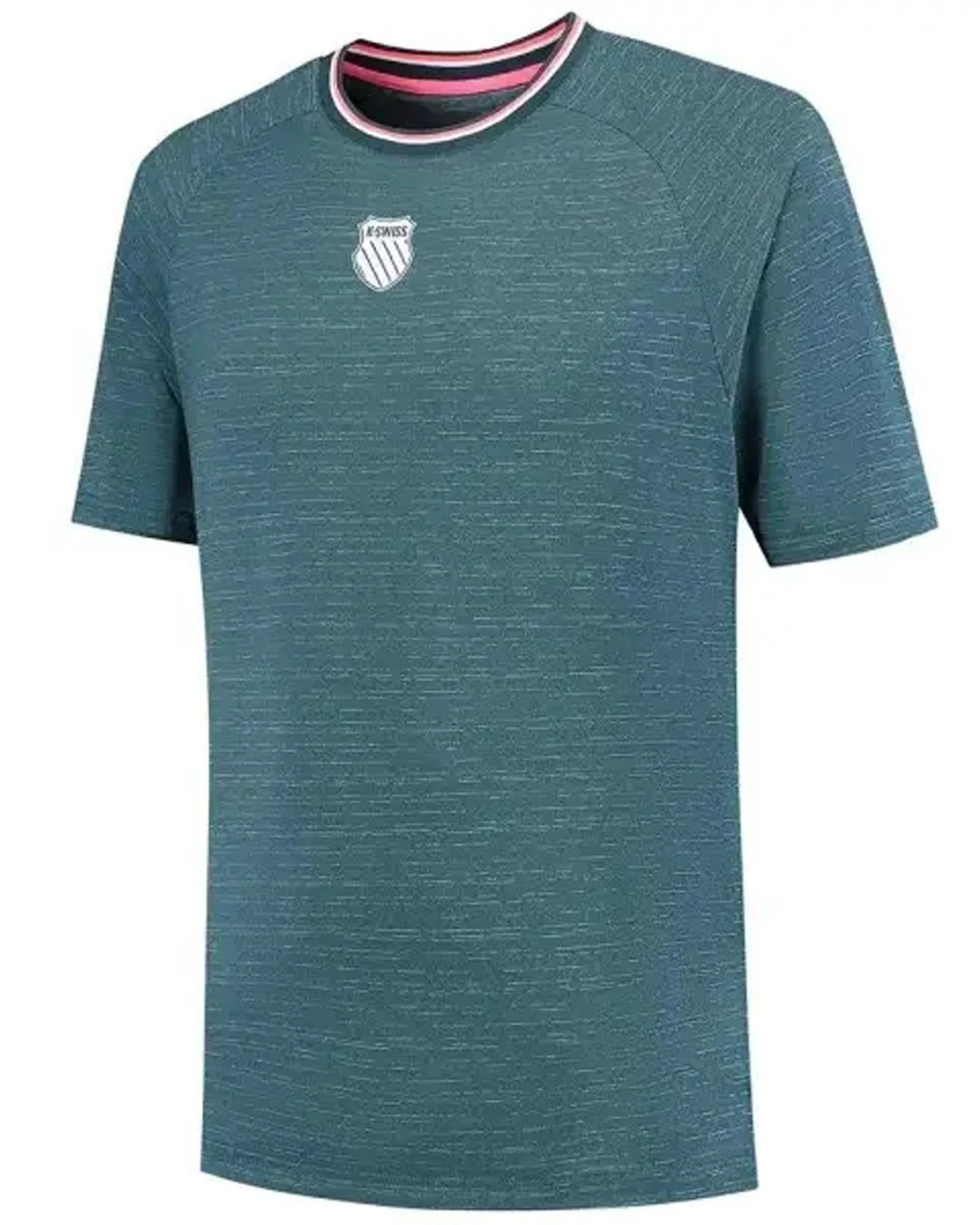 Maglietta da tennis K-Swiss color verde acqua con colletto bianco e rosa e logo sul petto.