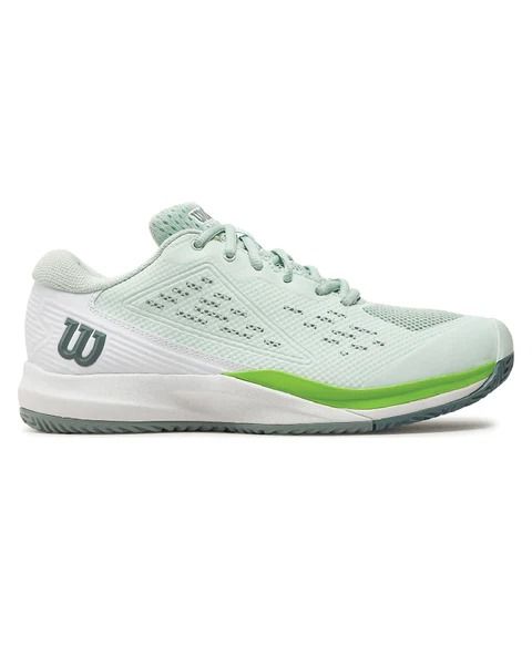 Scarpa da tennis Wilson verde menta e bianca con suola e logo grigi.