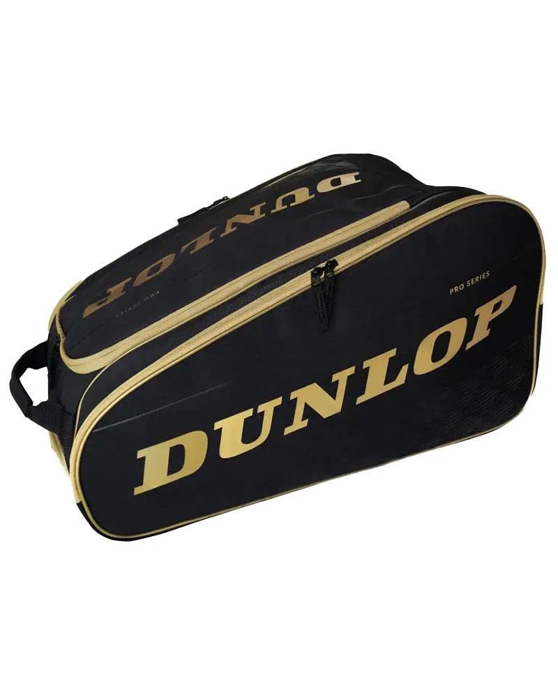 Borsa da tennis Dunlop nera con scritte dorate.