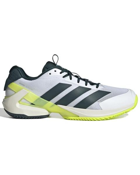 Scarpa da tennis Adidas bianca e verde con strisce nere.