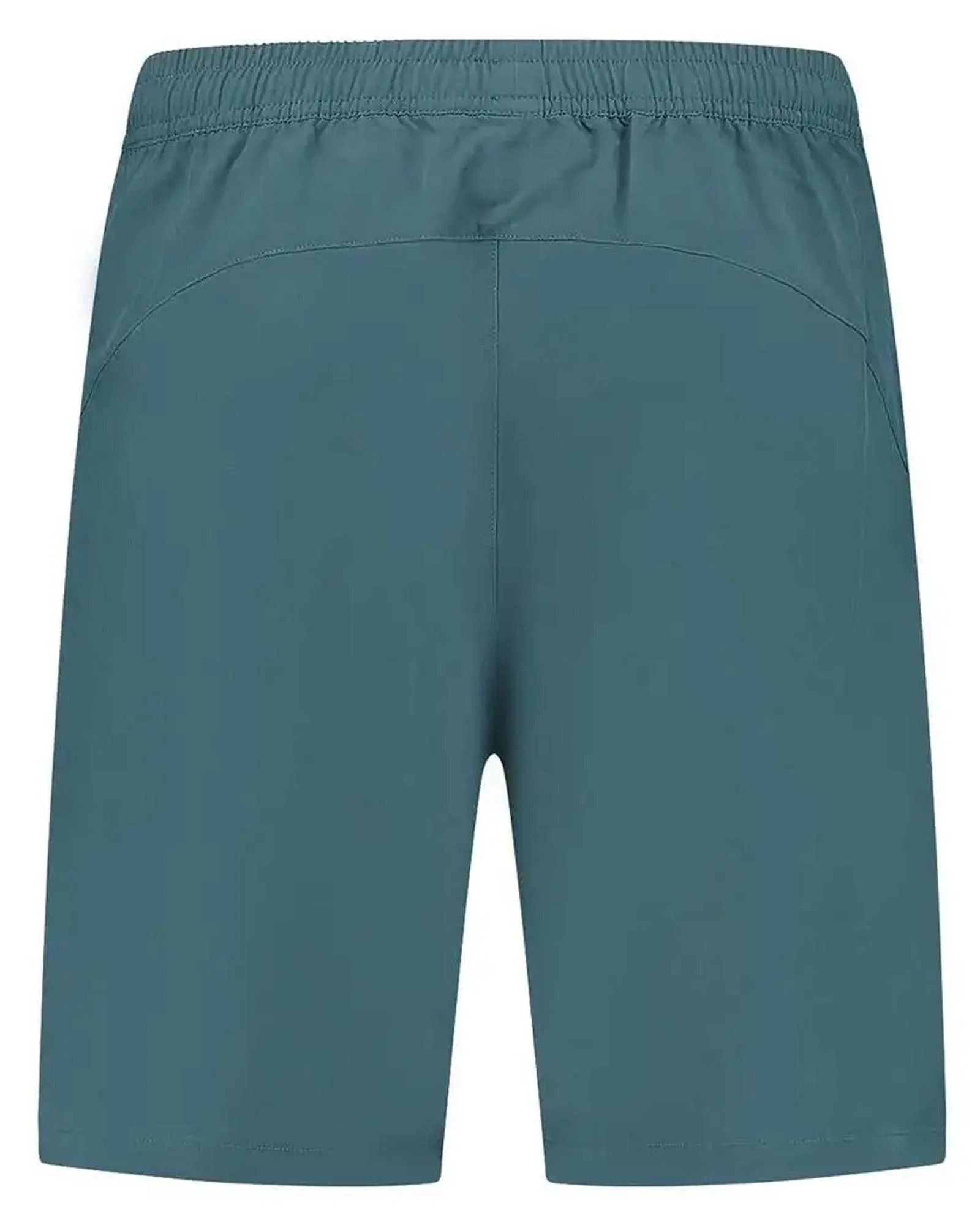 Vista posteriore di pantaloncini sportivi color verde acqua con elastico in vita.