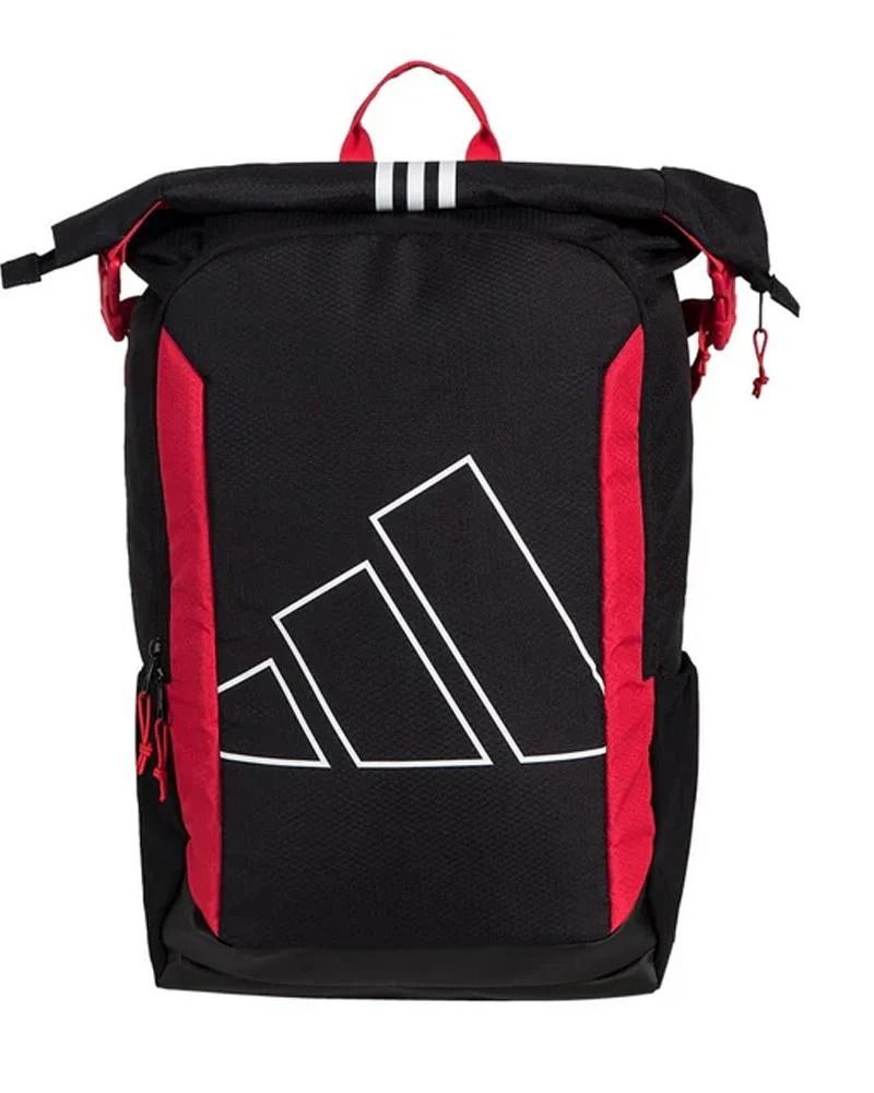 Zaino Adidas nero e rosso con logo bianco.