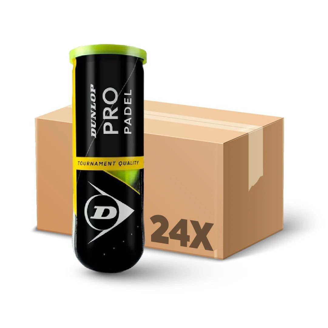 Tubo di palline da tennis Dunlop Pro Padel accanto a una scatola di cartone con la scritta