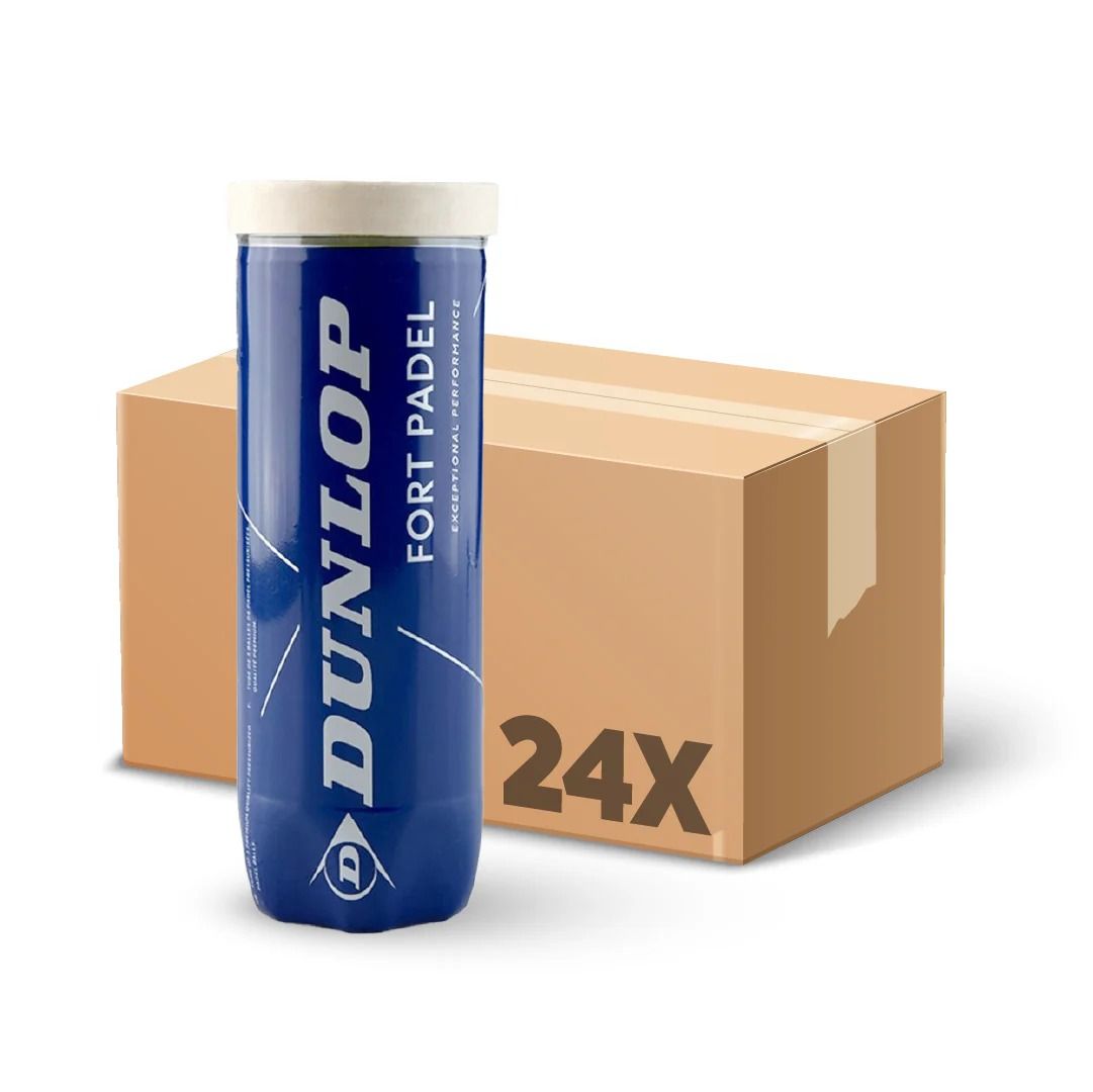 Tubo di palline da tennis Dunlop Fort Padel blu accanto a una scatola di cartone con la scritta