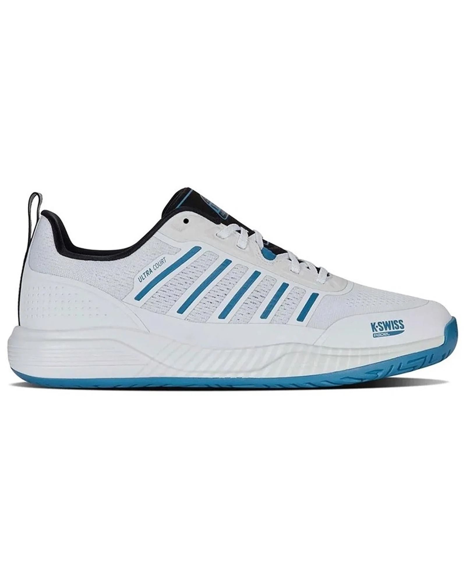Scarpa da tennis K-Swiss bianca e verde acqua con dettagli blu.