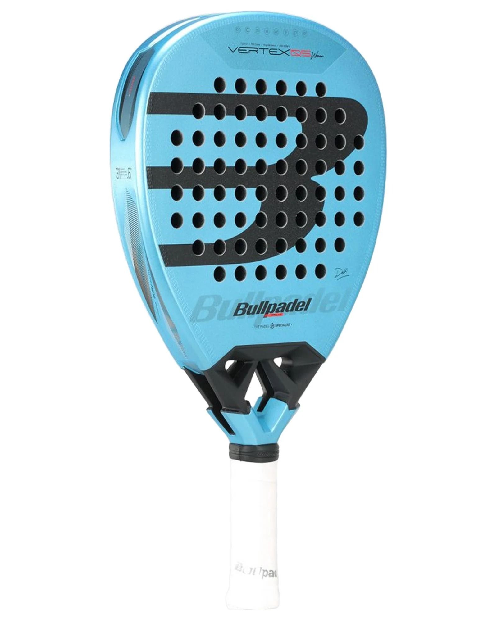 Racchetta da paddle blu chiaro e nera con molti fori; manico bianco. Logo