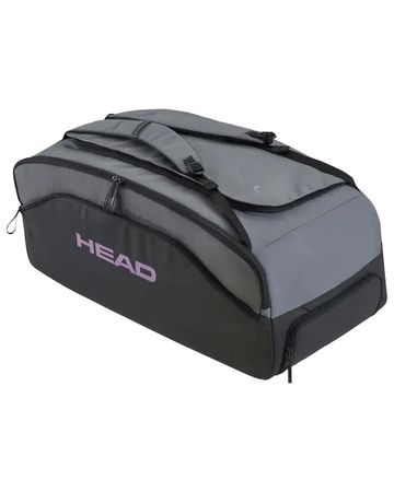Borsa da tennis Head grigia e nera con tracolla, logo visibile.
