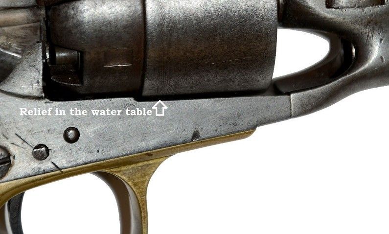 A close-up view of a revolver frame with an arrow pointing to a cutout area labeled 