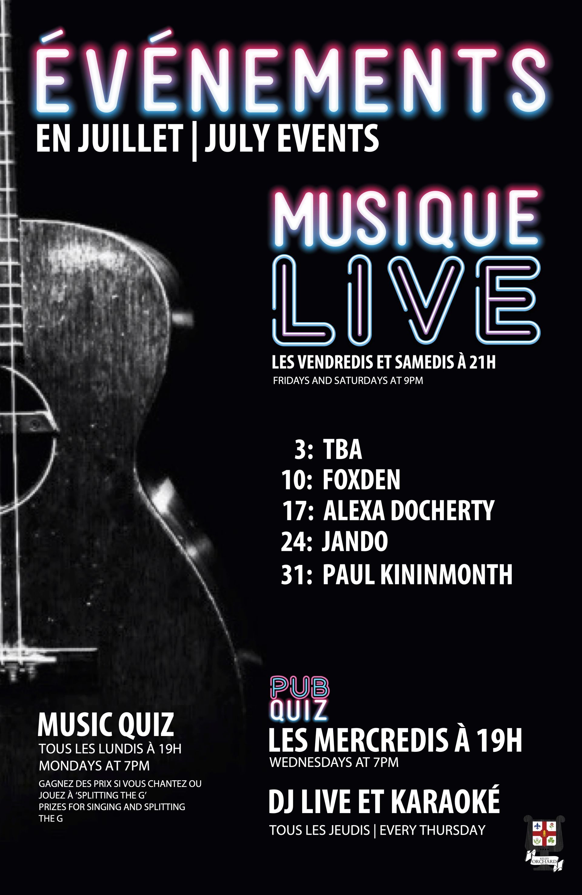 A poster for an event called evenements en juillet july events musique live