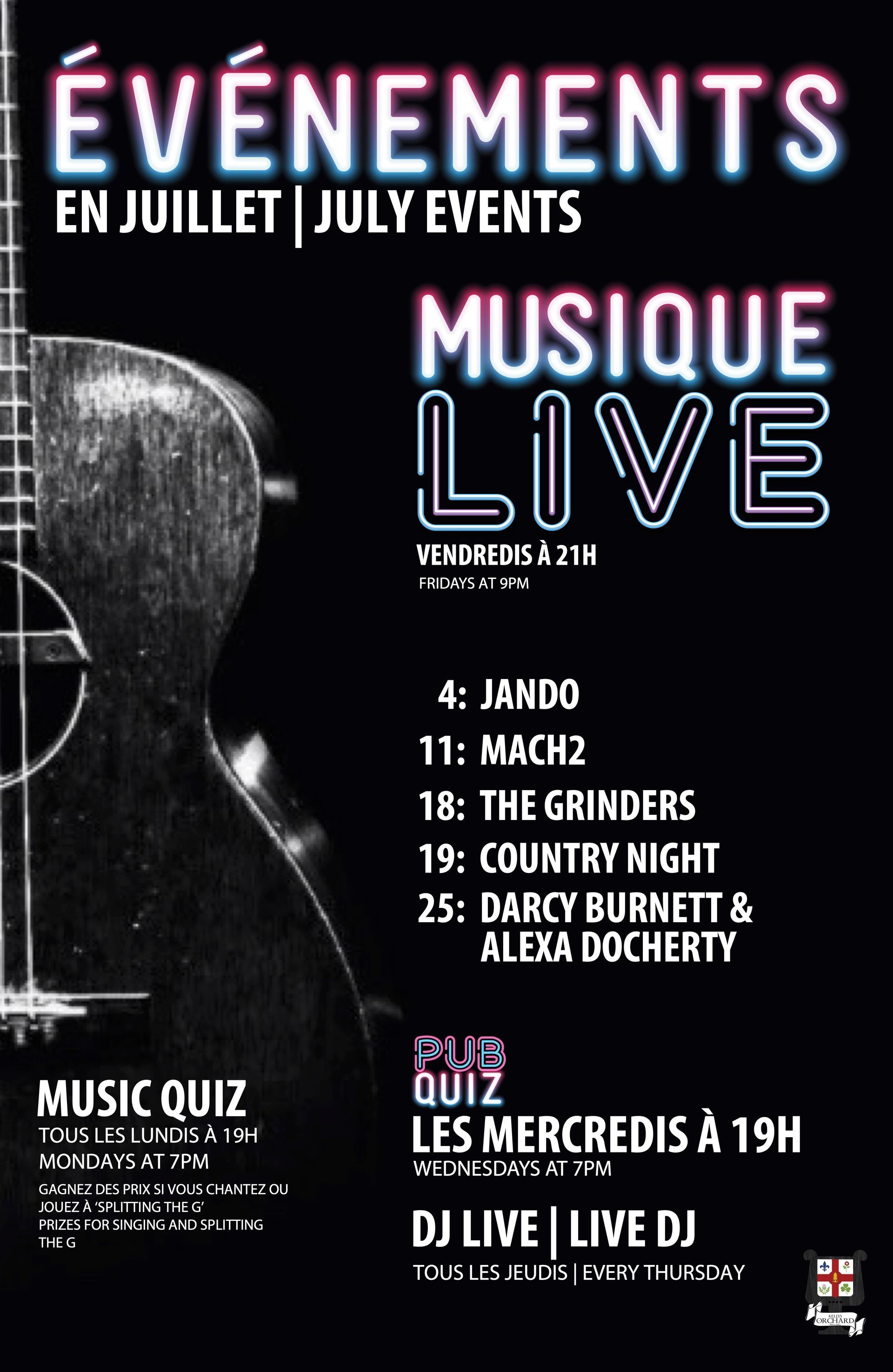 A poster for an event called evenements en aout august events musique live
