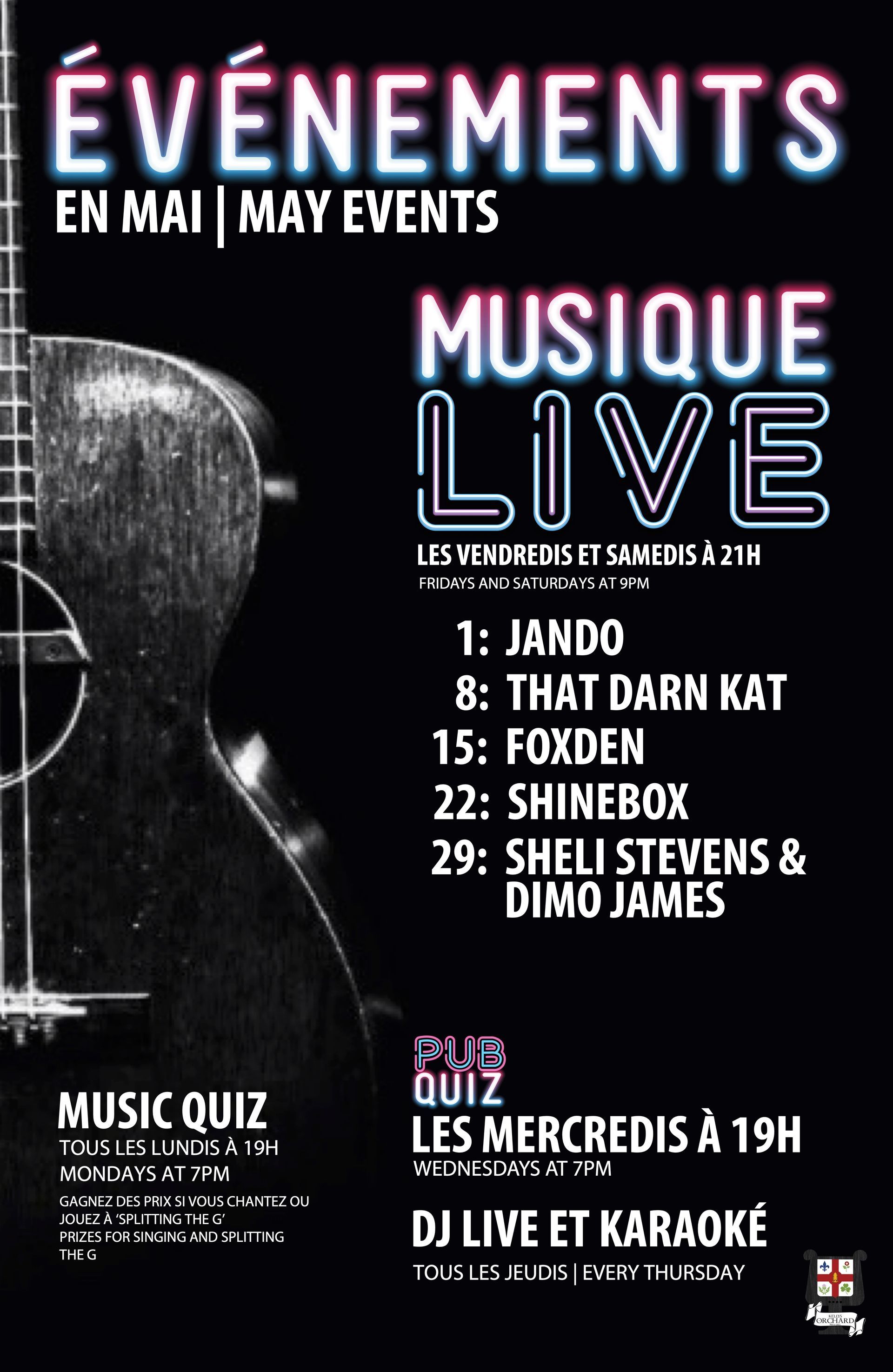 A poster for an event called evenements en aout august events musique live