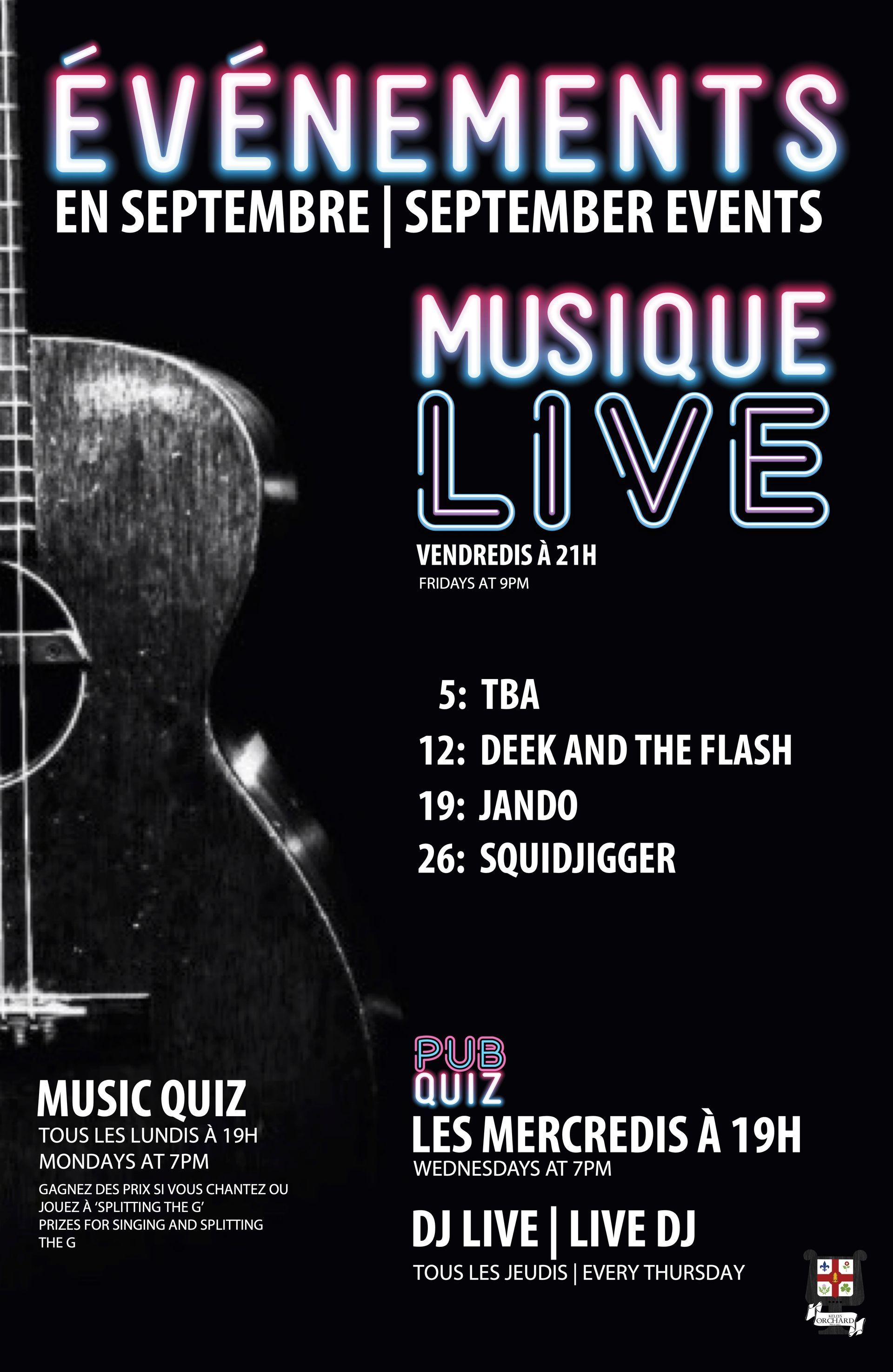 A poster for an event called evenements en aout august events musique live